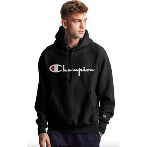 Champion Black Reverse Weave Hoodie Vintage Script Log HeavyWeight Size Small